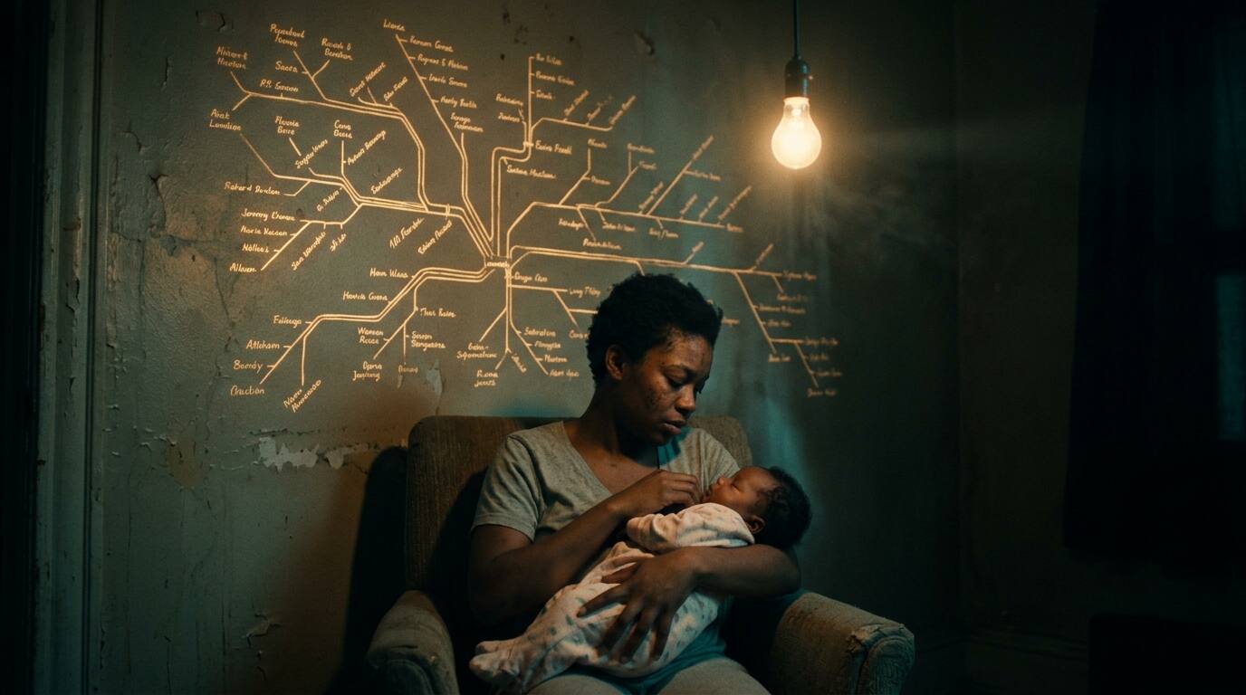 Film still — a thread of red light burning down a night street between brick walls tagged with forty-two names