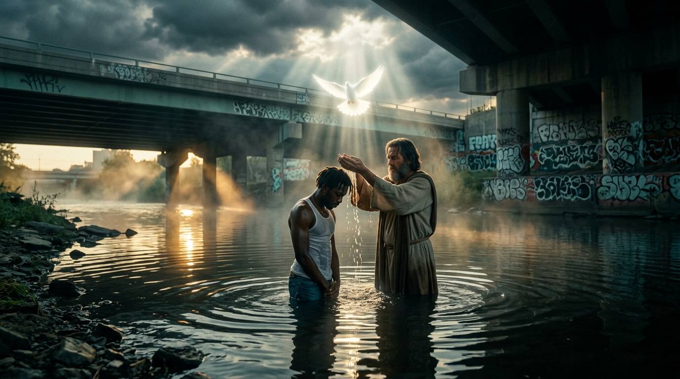 A figure rising from river water as light breaks through the clouds