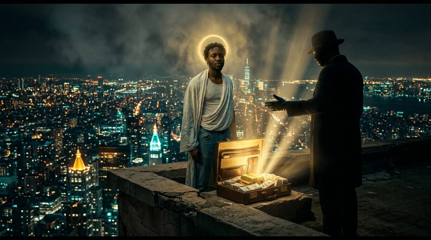 A lone figure on a high rooftop overlooking the glittering city at night