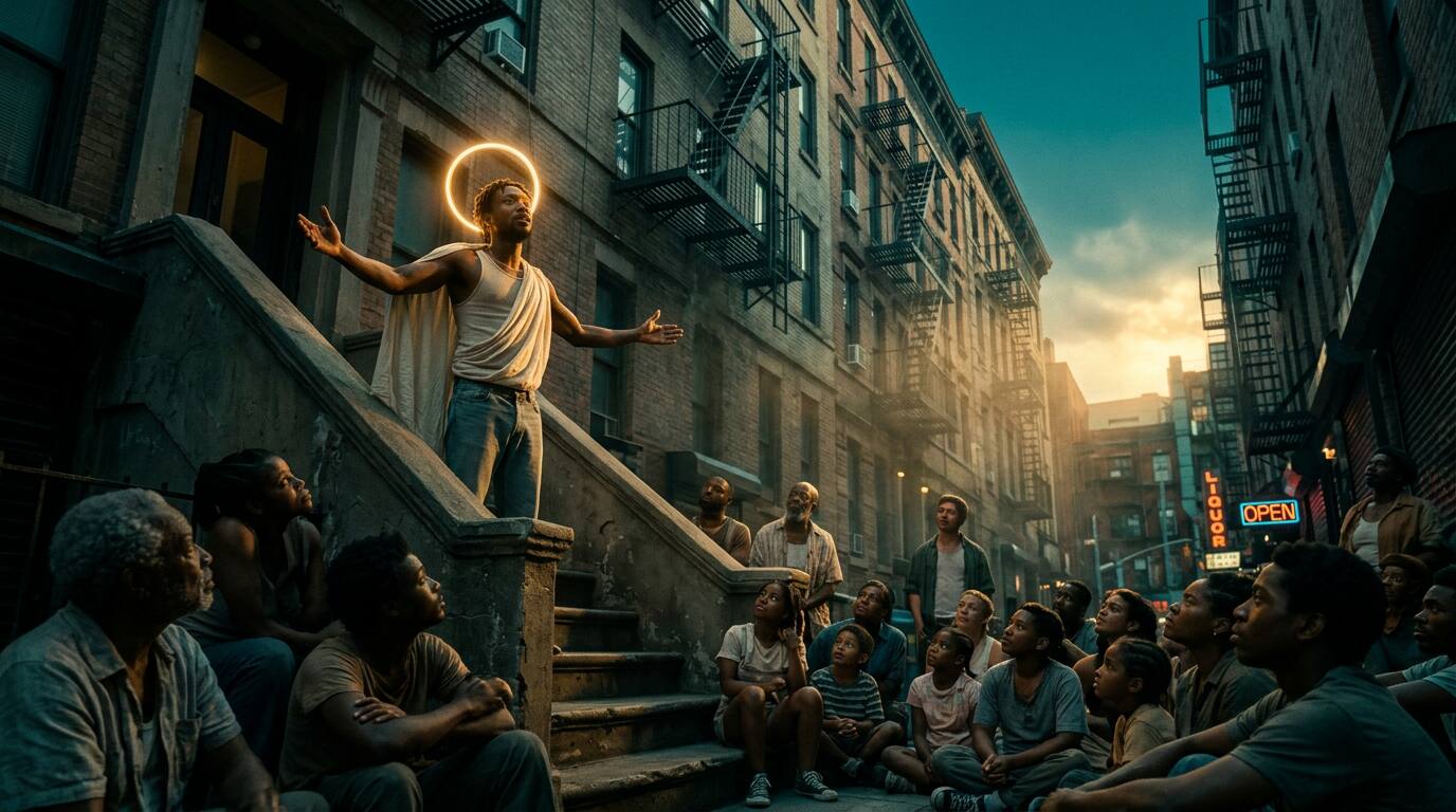 A haloed preacher stands on a tenement stoop at dusk, arms open, while neighbors of every age sit close on the street to listen