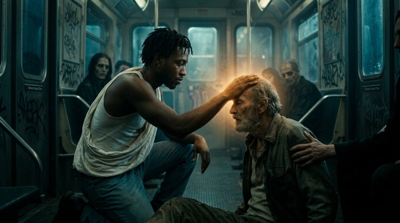 A hand reaching out in lamplight to a man lying in the street