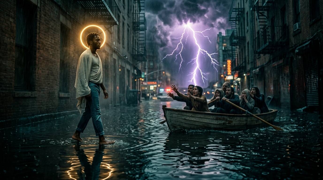 A figure walking across storm-black water toward a small boat