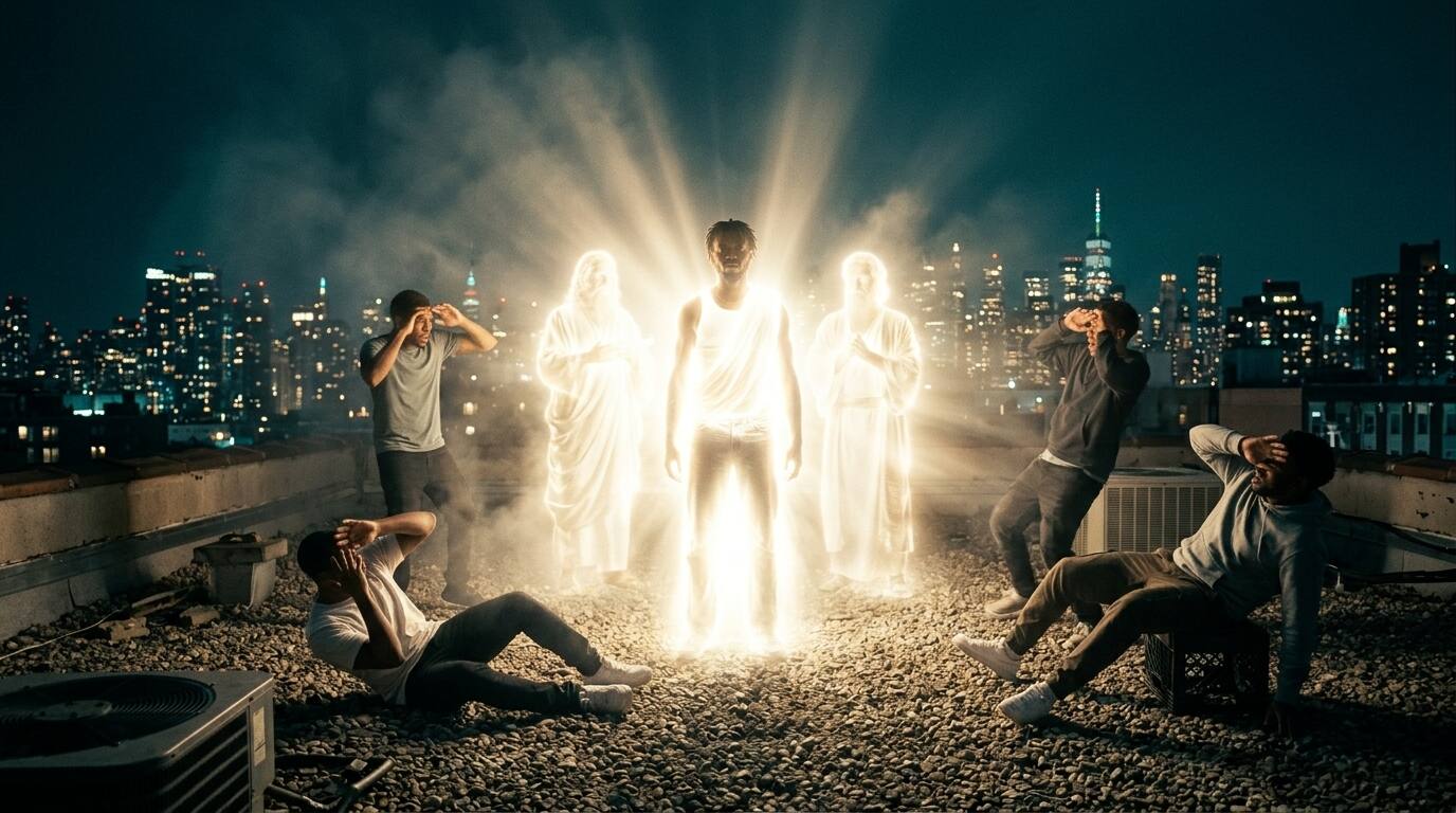 A figure blazing white with light on a mountain height