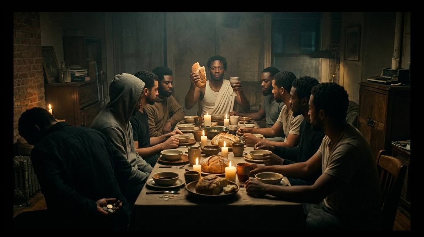 A long table lit low, bread broken and a cup poured red