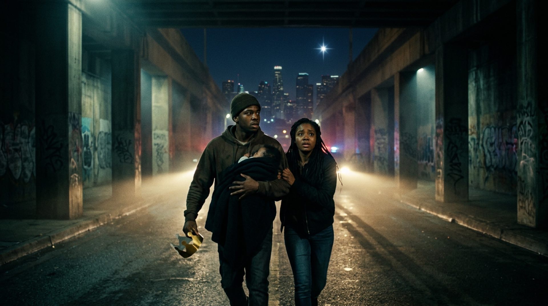 A young father and mother hurry through a graffiti-lined underpass at night, an infant wrapped in his arms, a single bright star burning over the city skyline behind them.
